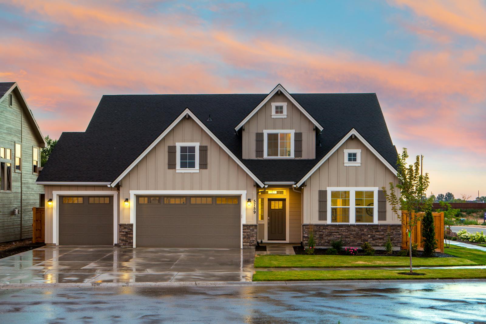 Modern home exterior at dusk